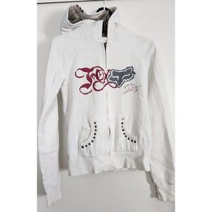 Y2k VTG Fox Girls sz Small White Zip Up Hoodie Fur Lined Hood Studded Pockets